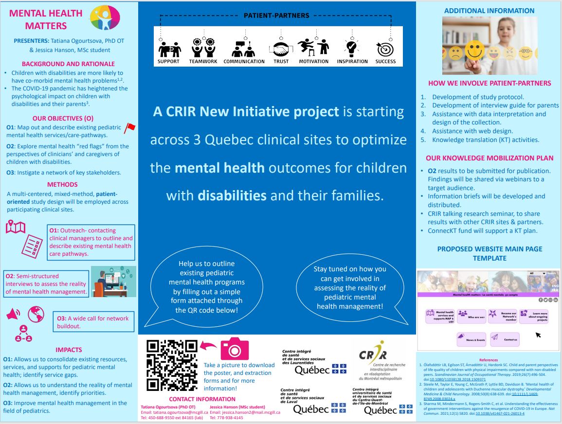 A CRIR New Initiative project is starting across 3 Quebec clinical sites to optimize the mental health outcomes for children with disabilities and their families.