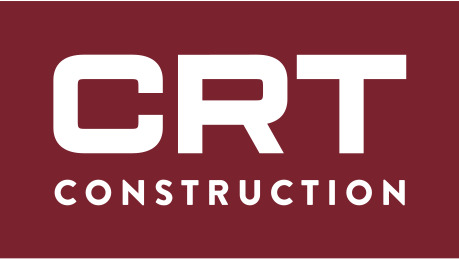 Logo CRT construction written on white on dark red